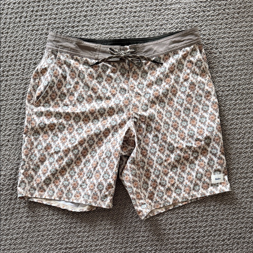 Katin Men's Beige and Brown Printed Swim Board Shorts